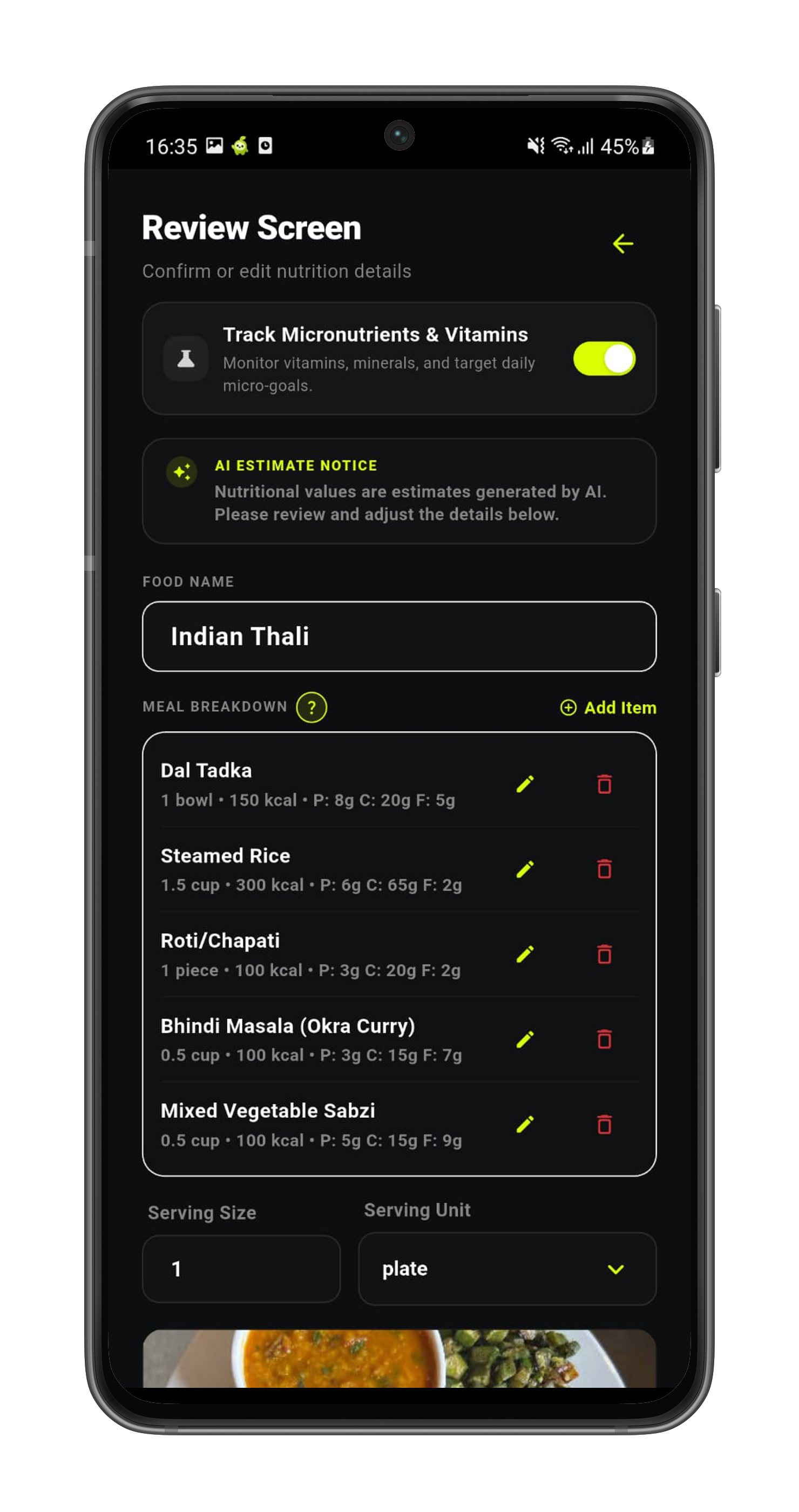 Zivo Food Logging Screen 1